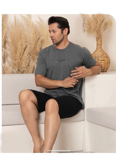 Lukitus Kısa Kol Süprem Pamuk Erkek Şortlu Pijama Takımı Füme