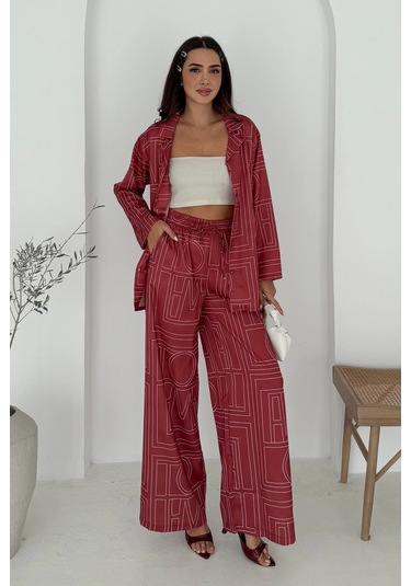 Geometrik Desen Modal Saten Takım Kırmızı Kırmızı