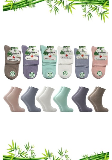Bambu Kadın Çok Renkli Yarım Konç Diyabetik Şeker Çorabı Sıkmayan Çorap 6'lı Paket Çok Renkli