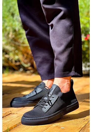 Siyah Triko Siyah Yüksek Taban Bağcıklı Günlük Erkek Ayakkabısı Siyah