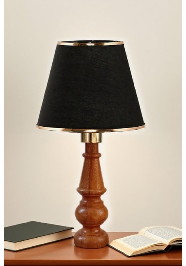 Ahşap Gövdeli Kumaş Başlıklı Dekoratif Abajur Masa Lambası Aydınlatma Lamba Siyah