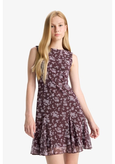 Defacto Coool Bisiklet Yaka Desenli Tül Kolsuz Mini Elbise F0415ax25wnbr232 Bordo