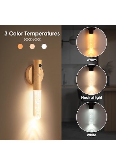 Dofolink Ahşap Pır Hareket Sensörlü Led Gece Lambası - Usb Şarj Edilebilir, 3 Renk Ayarı 3000-6000k , Otomatik Kapatma, Kolay Kurulum - Koyu Kahverengi Kabarcık Desenli Beyaz