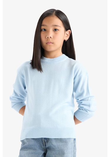 Defacto Kız Çocuk Standart Fit Bisiklet Yaka Triko Kazak C6902a825aube366 Mavi