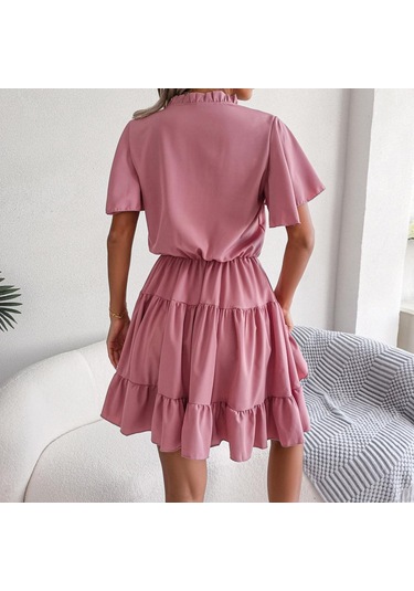 Gmxıa Kadın Modası Düz Renk Baskılı Yaz Bahar Kısa Kollu V Yaka Bol Günlük Elbiseler Mavi