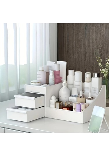 Sunshine011 Krem Ve Doğal Renkli Çok Katmanlı Makyaj Organizatörü: Çekmeceli, Bölmeli, Taşınabilir, Sağlam Krem