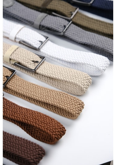 Mft Leather Hakiki Deri Erkek Örgü Esnek Kemer 3,5cm, Beyaz 9861 Beyaz