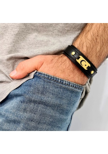 Archin Ay Yıldız Temalı 14 Ayar Altın Plakalı Doğal Siyah Derili Oval Motifli Hediye Bileklik-438sembol Türkiye Bayrağı