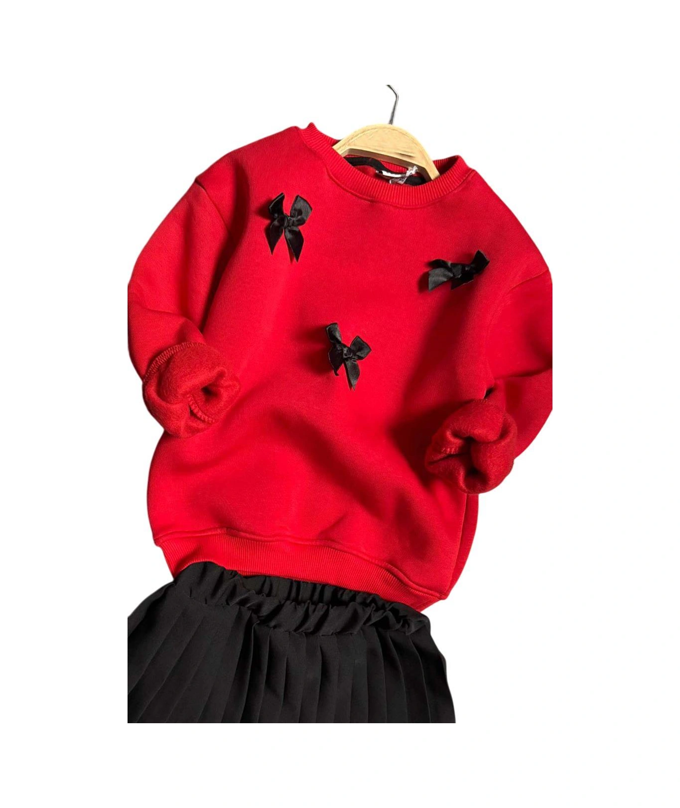 Riccotarz Kız Çocuk Kurdela Detaylı 3 İplik Kazak Pileli Siyah Etekli Takım Siyah