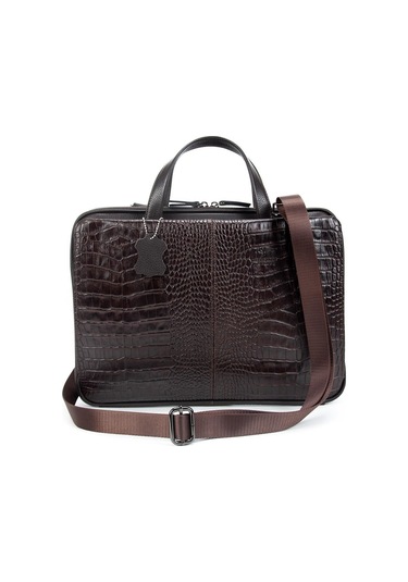 Erkek Laptop & Evrak Çantası Timsah Desen Hakiki Dana Deri Kroko Koyu Kahverengi 9091-ck-135535 Siyah