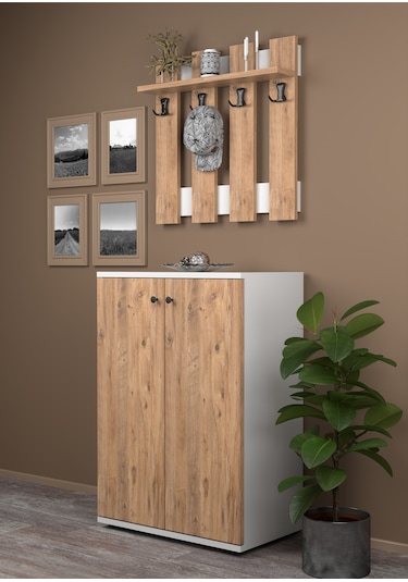 Portmanto Vestiyer 5 Raflı Ayakkabılık Ve Çit Duvar Askılık Set Çam-beyaz Kahverengi