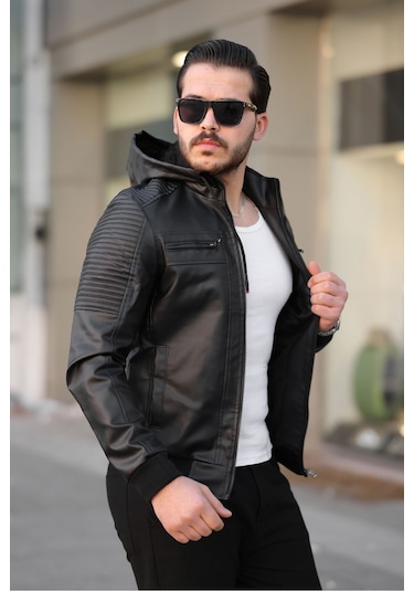 Erkek Siyah Dar Kesim Kapüşonlu Bel Lastikli Ribanalı Deri Ceket & Mont Siyah