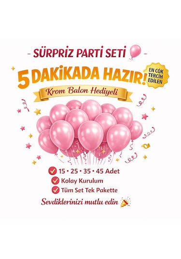 Pastel Balon Seti 15 Adet Krom Balon Hediyeli Doğum Günü Parti Balonu Pembe