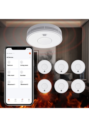 Anjiexun 10 Yıllık Pil Wifi Akıllı Duman Alarmı Yangın Alarmı