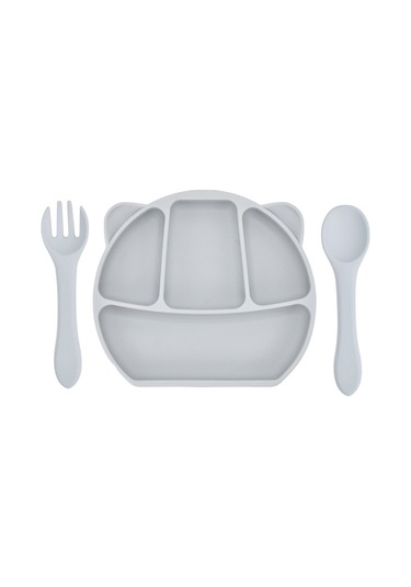 Moveevo Bebekler İçin Silikon Sünger Tabağı, Çocuk Ütü Ve Çatal Seti, Taşınabilir Yemek Gereci, Gri Renk Gri