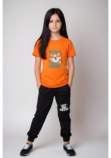 Just Stay Paw Baskılı Kız Çocuk Tişört Ve Eşofman Alt-üst Takım Turuncu
