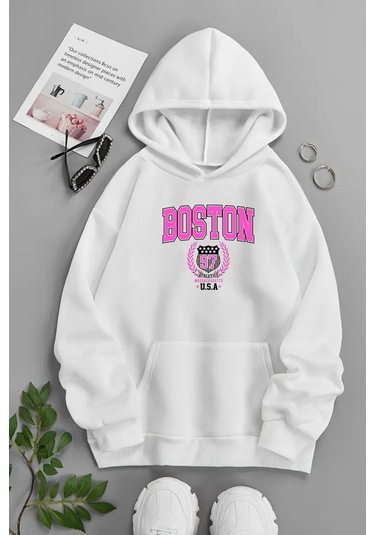 Unisex Beyaz Kapüşonlu Sweatshirt Boston Usa ,baskılı Şardonlu Kalın Kumaş Beyaz