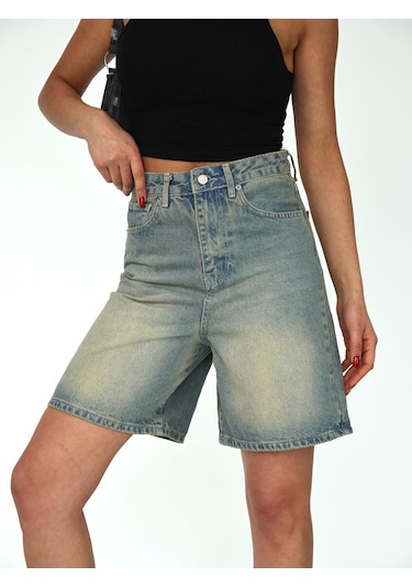 Boru Paça Denim Şort Mavi+tint