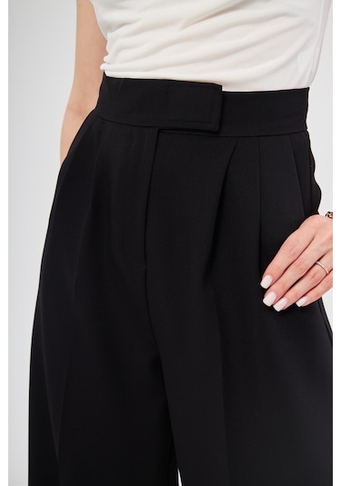 Siyah Yüksek Bel Pileli Kadın Kumaş Palazzo Pantolon Siyah
