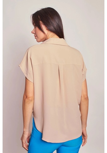 Likrasız Şık Kumaş Yakalı Düşük Omuzlu Önü Pileli Gömlek-Kum Beji Kum Beji