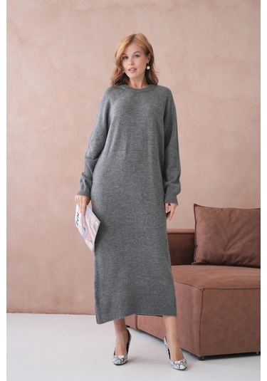 Kadın Bisiklet Yaka Yumuşak Dokulu Maksi Boy Şardonlu Oversize Triko Elbise 8324sw Antrasit