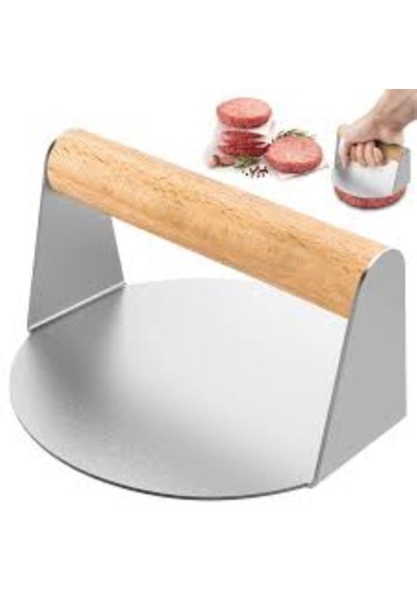Yuvarlak Smash Burger Presi,16 Cm ,3 Mm 304 Paslanmaz Çelik Ahşap