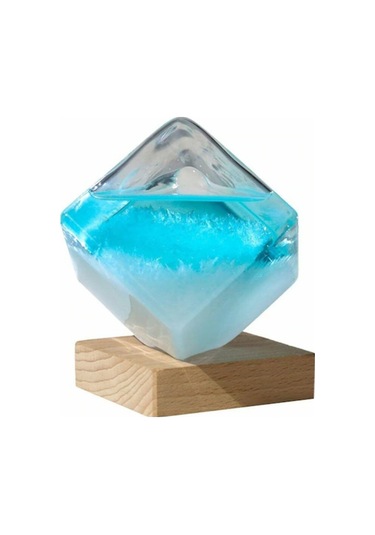 Reedark Hava Durumu Tahmin Flashtası - Mavi Küçük Su Küpü + Ahşap Tabanlı, Cam Malzeme, El Blown, 8x8x10.5 Cm
