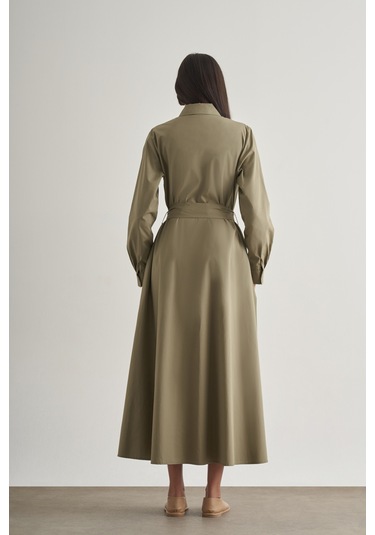 Mizalle Premium Saf Pamuk Haki Piliseli Uzun Elbise Haki