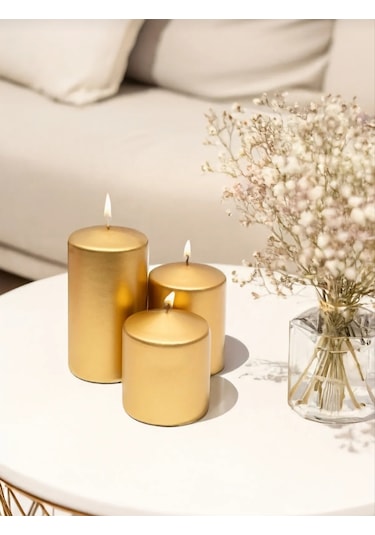 Denic 3 lü Mum Seti  Metalik Gold Blok Mum Metalik Silindir Mum Baton Mum