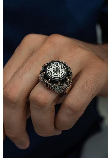 Mührü Süleyman Desenli Yuvarlak 925 Gümüş Erkek Yüzük