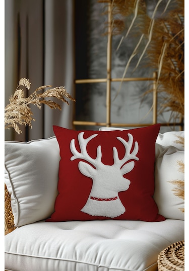 2 Li Yılbaşı Desenli, Çift Taraflı Baskı, Kırlent Kılıfı Seti Kırmızı - Beyaz