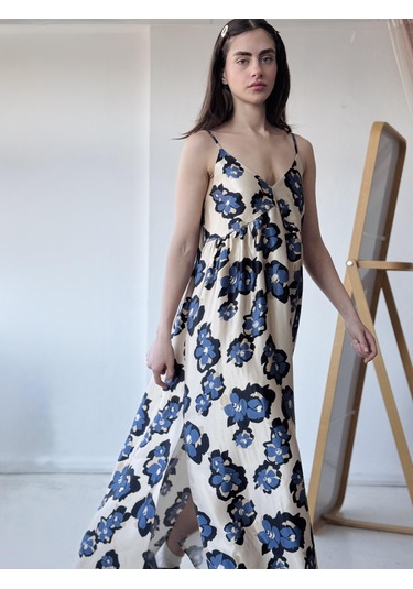 Retrobird Tasarım June Saten Yüzeyli Askılı Yırtmaçlı Elbise Kadın Krem-13780 KREm