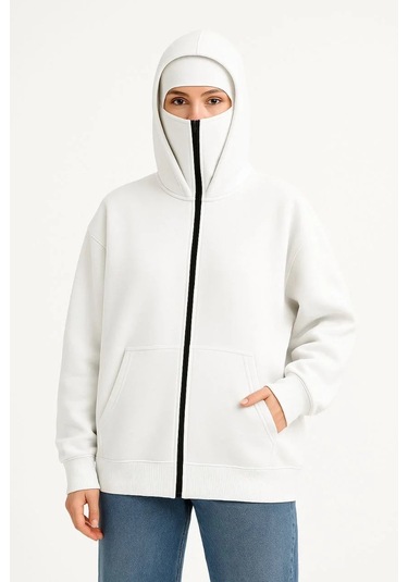Kadın Samuray Ninja Çift Kapşonlu Zıp Fermuarlı Kanguru Çepli Hoodie Maske Detaylı Swetshirt - Beyaz Beyaz