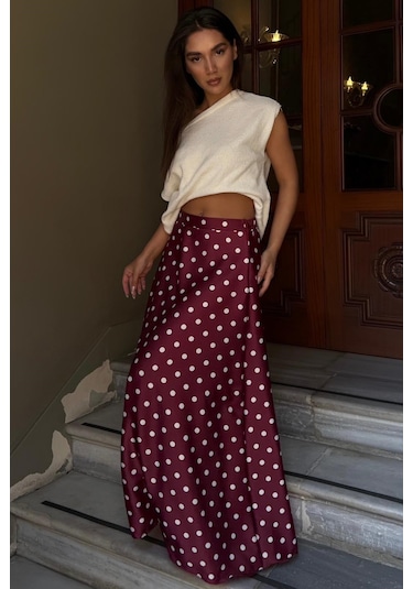 Madmext Bordo Puantiyeli Maxi Kadın Saten Etek Mg2725