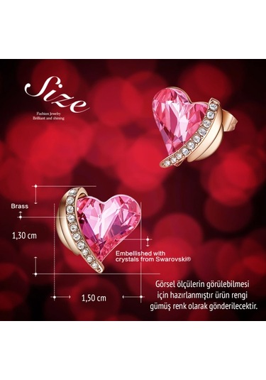 Monemel Kristal Tasli Pembe Kalp Küpe Altın Kaplama E01084 Gümüş
