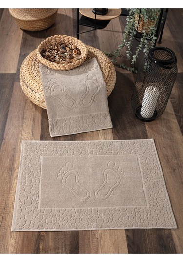 2'li Set %100 Pamuk Ayak İzli Havlu Takımı -yüksek Su Emici Bej