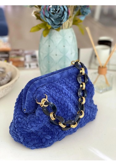 El Yapımı Gece Mavisi Yün Örgü El Çantası Mavi