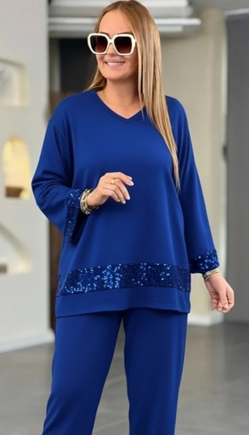 Kadın Uzun Kollu V Yakalı Pulpayet Viskon Iki Iplik Bluz Ve Pantolon Takım Saks Mavi