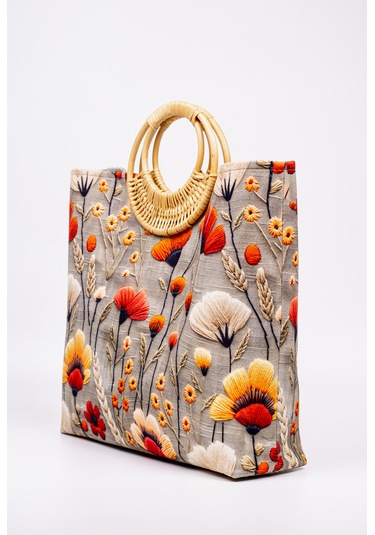 Fabric Craft Bag El Çantası Duck Kumaş Bambu Saplı Desenli Çok renkli