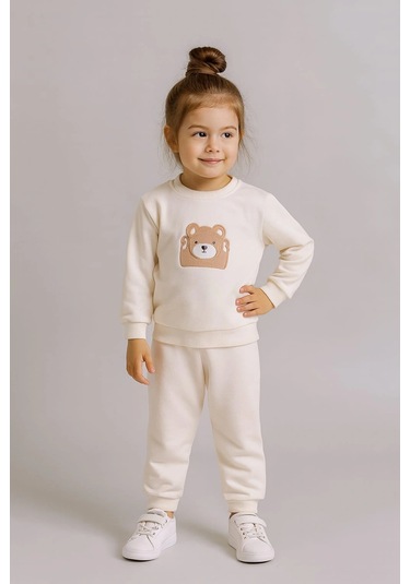 Sevimli Ayıcık Nakışlı %100 Pamuk 2 Li Çocuk Eşofman Takımı BEYAZ