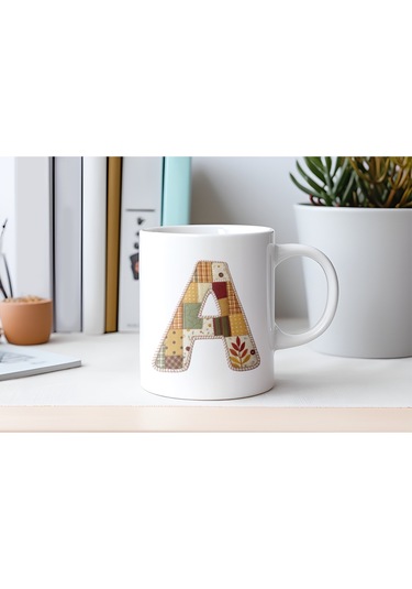 A Harfi Sonbahar Kış Temalı Yamalı Tasarım Kupa Bardak - Etnik Ve Pathwork Severlere Özel Hediye Beyaz