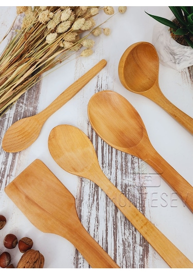 Ahşap Tahta Mutfak Kaşık Seti 5 Parça Kayın, Şimşir Ağacı 5-1