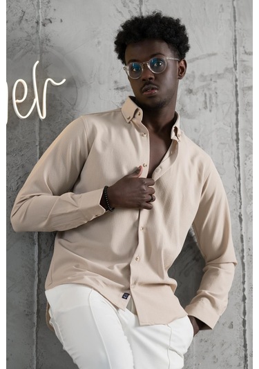 Advante Armürlü Likralı Yaka Düğmeli Slimfit Yazlık Gofre Kumaş Gömlek Kahve