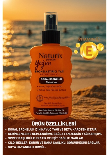 Yoğun Bronzlaştırıcı Yağ Havuç & Kakao Yağı, Shea Butter, Vitamin E, Tüm Cilt Tiplerine Uygun Sprey 200 Ml