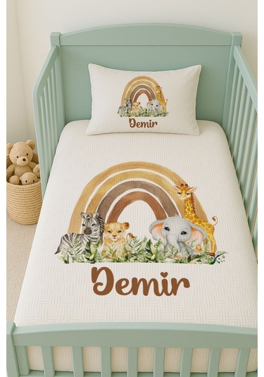 %100 Pamuk İsme Özel İsimli 100x150 Cm Pike Seti Gökkuşağı Safari