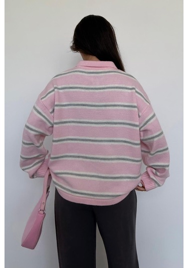 Pembe Polo Yaka Çizgili Kadın Triko Kazak Mg2469 Pembe