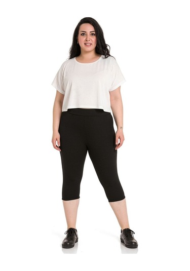 Büyük Beden Fitilli Karyoka Dikişli Diz Altı Siyah Tayt