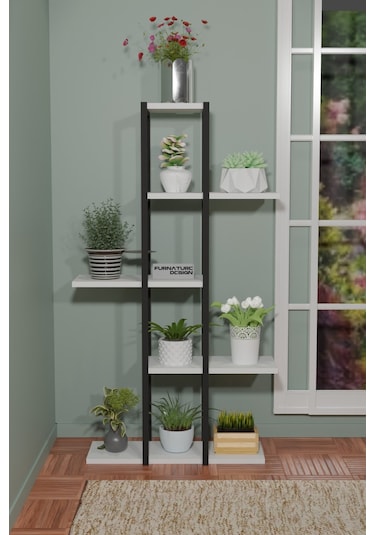 5 Raflı Çiçeklik Metal Saksı Standı Saksılık Beyaz