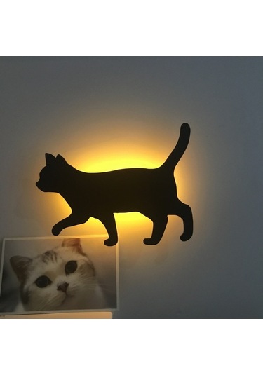 Tongxida Kedi Silüetli Duvar Lambası - Sesli Aydınlatma, Kullanışlı Pilli Projeksiyon Siyah