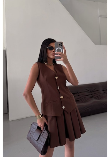 Yelek - Pileli Etek Görünümlü Elbise - Kahverengi Kahverengi